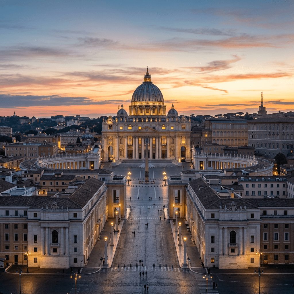 St. Peter's Basilica and St. Peter's Square illuminated at sunset with a colorful sky