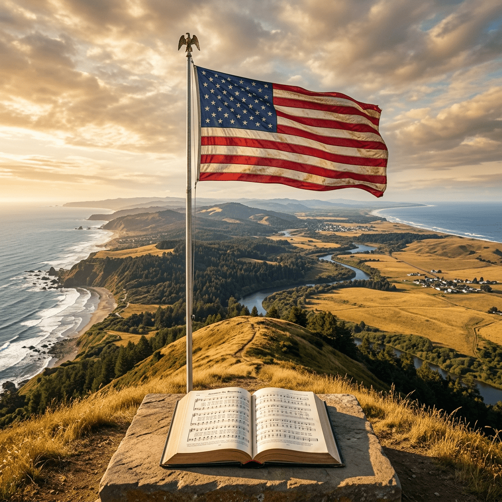 American flag on pole above open sheet music book with coastal hills and ocean background