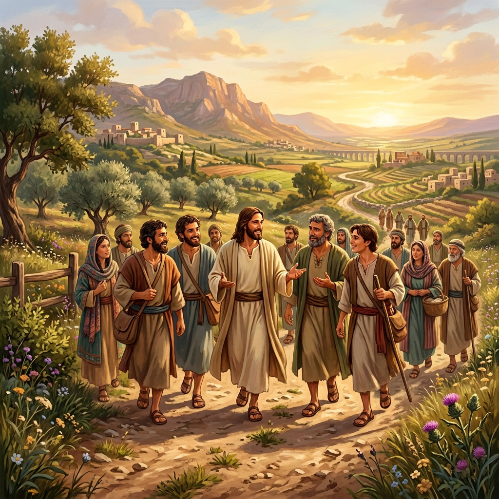 Jesus walking and talking with four disciples on a dirt path with a scenic countryside landscape.