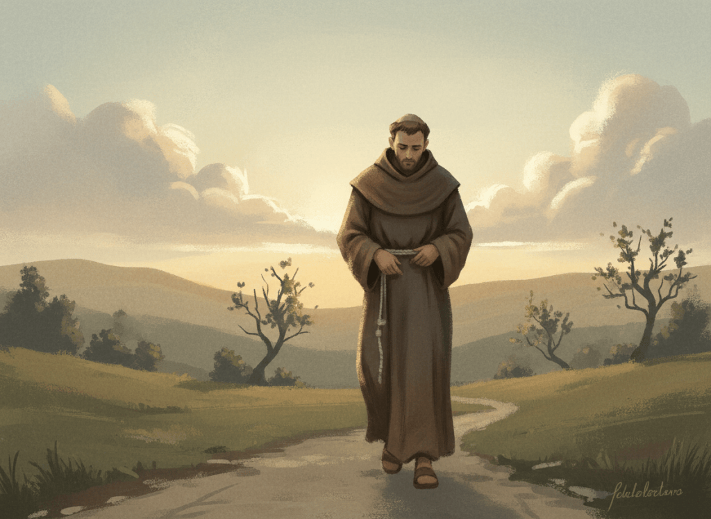 A contemplative editorial illustration for a reflective essay about St. Francis of Assisi and beginning again: a humble friar in a simple brown robe walking through a quiet dawn landscape, with a faint unfinished path and warm light breaking through clouds. Spiritual, literary, understated, textured painterly style, muted earth tones, no text, no lettering, suitable as a blog post featured image.